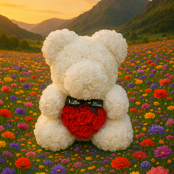 ours en rose dans une vallée de fleurs