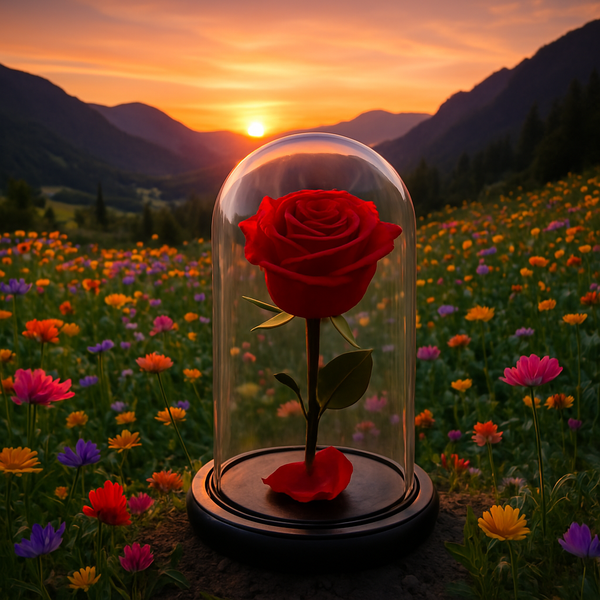 rose éternelle dans une vallée de fleurs sous un coucher de soleil